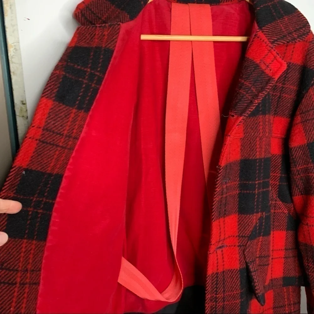 Vtg DuxBak Mens Wool Hunting Coat Size Medium Buffalo Check red Black